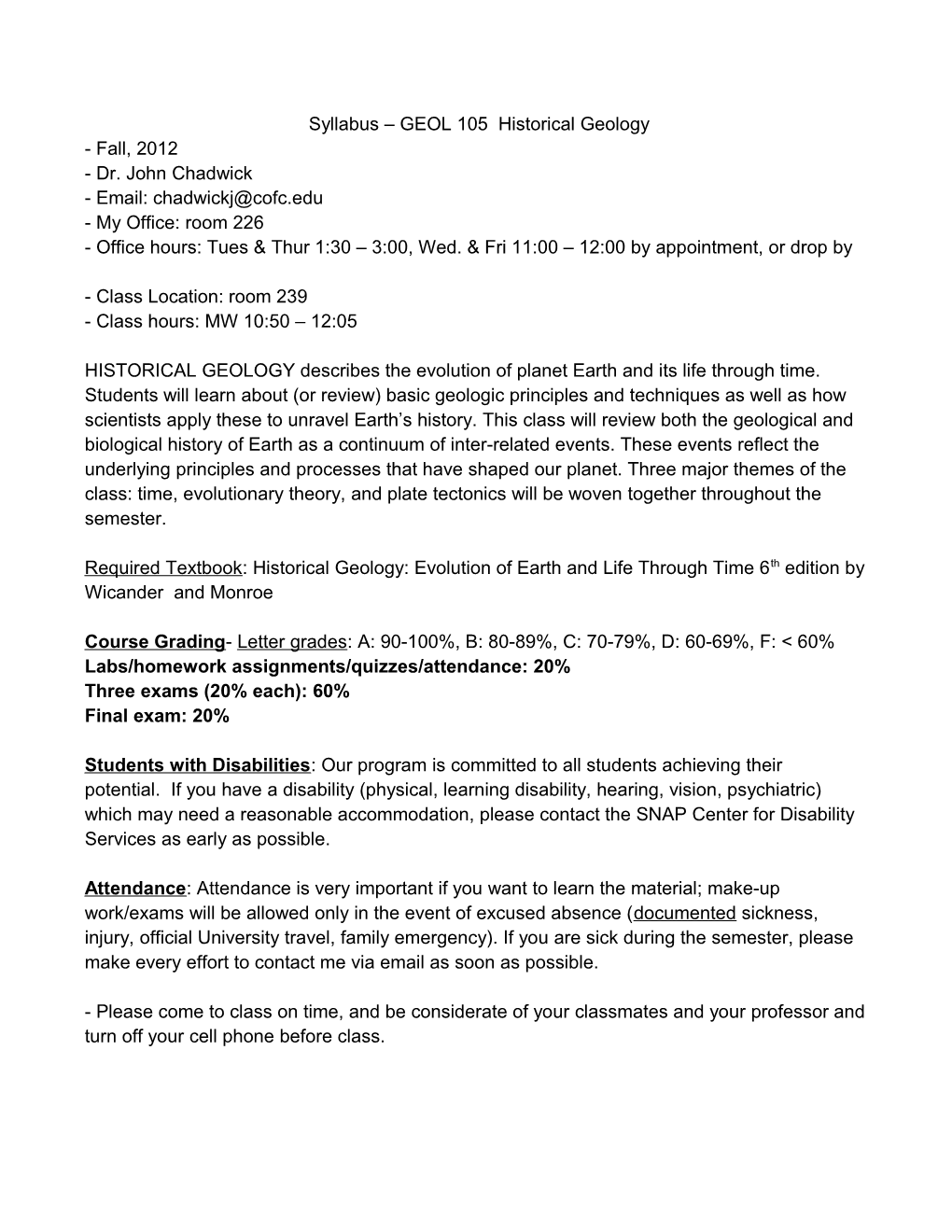 Syllabus GEOL 105 Historical Geology