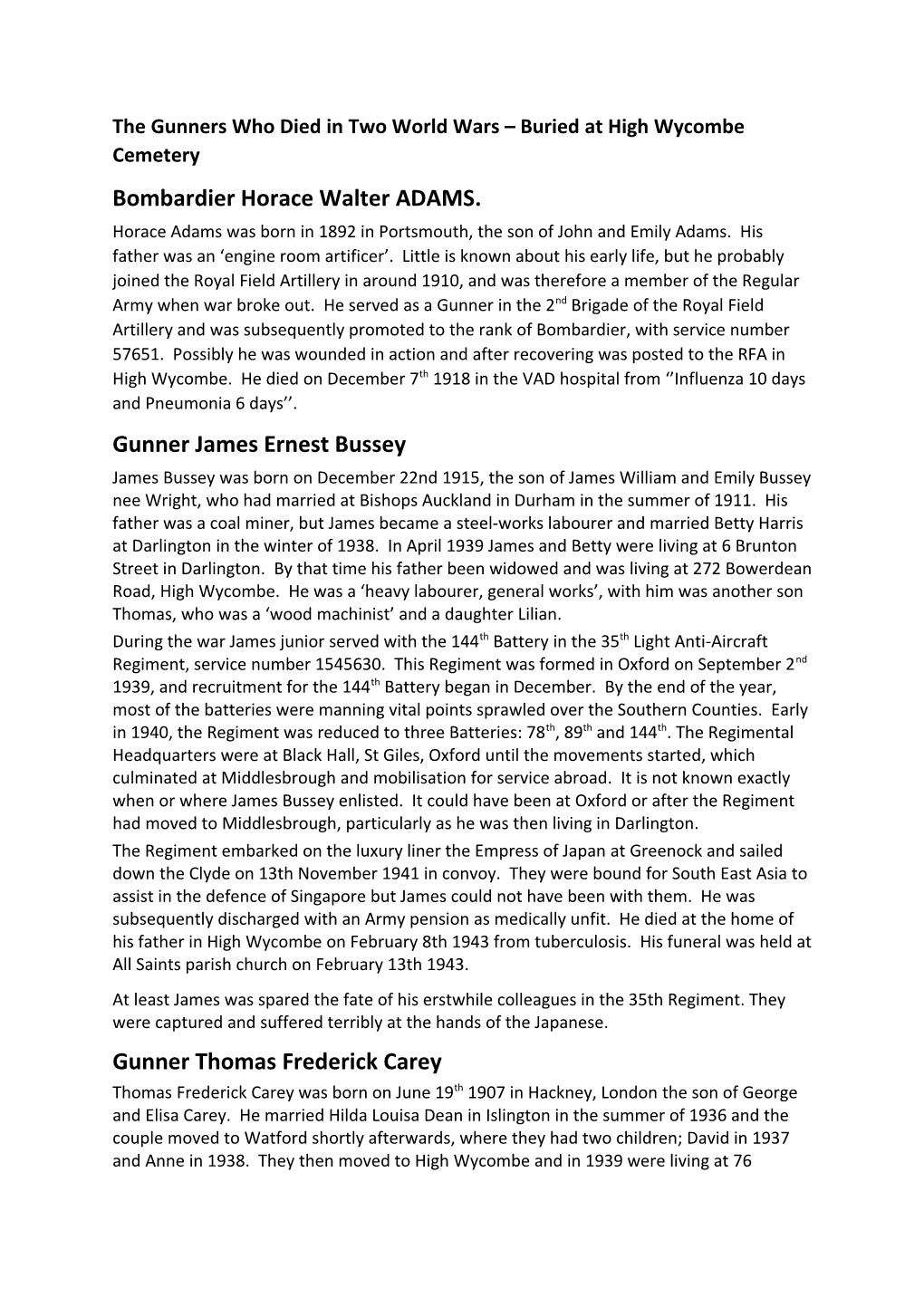 The Gunners Who Died in Two World Wars Buried at High Wycombe Cemetery