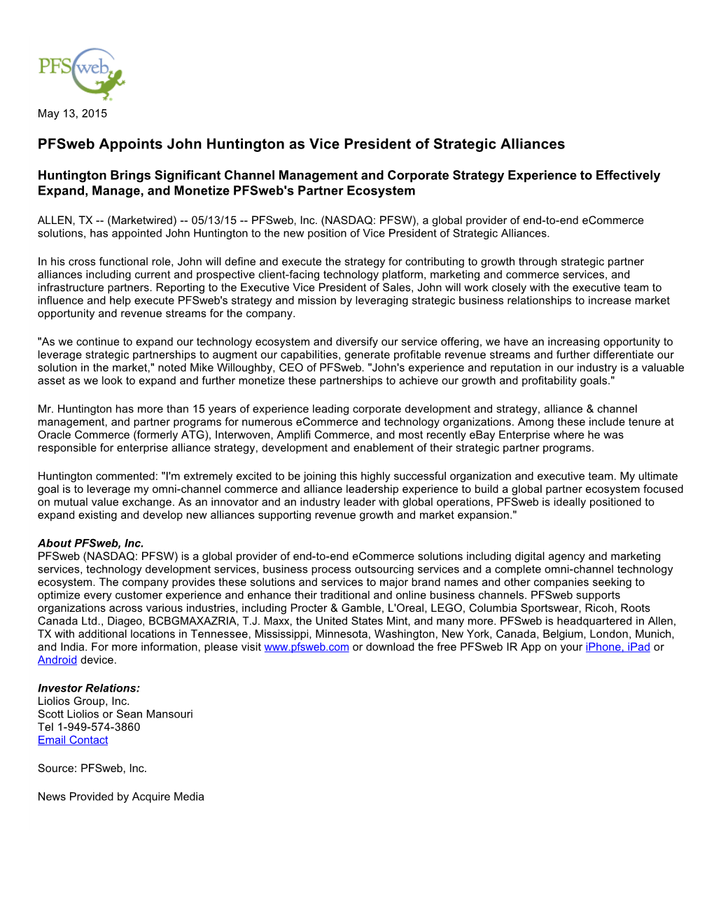 Pfsweb Appoints John Huntington As Vice President of Strategic Alliances