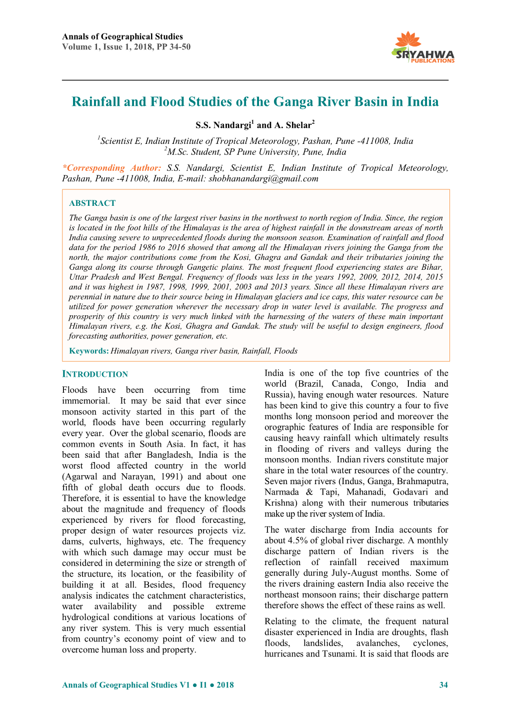 Rainfall and Flood Studies of the Ganga River Basin in India