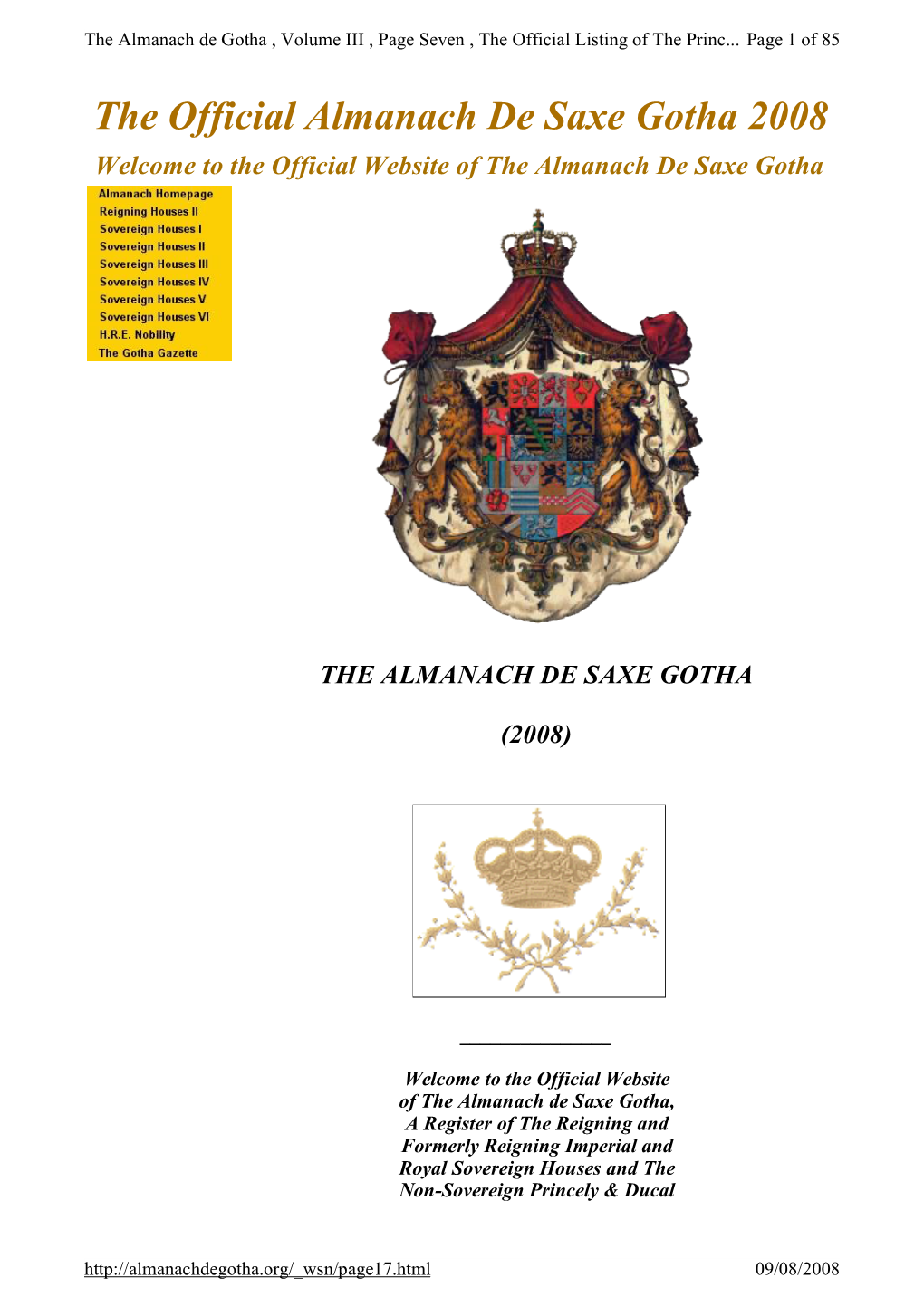 The Official Almanach De Saxe Gotha 2008 Welcome to the Official Website of the Almanach De Saxe Gotha