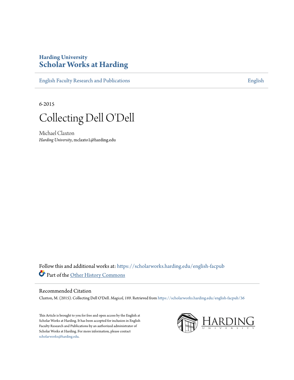 Collecting Dell O'dell Michael Claxton Harding University, Mclaxto1@Harding.Edu