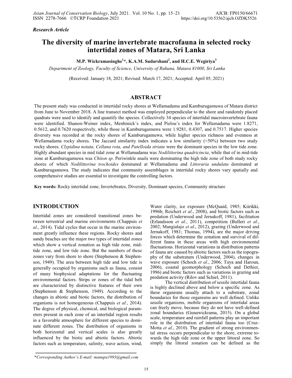 The Diversity of Marine Invertebrate Macrofauna in Selected Rocky Intertidal Zones of Matara, Sri Lanka