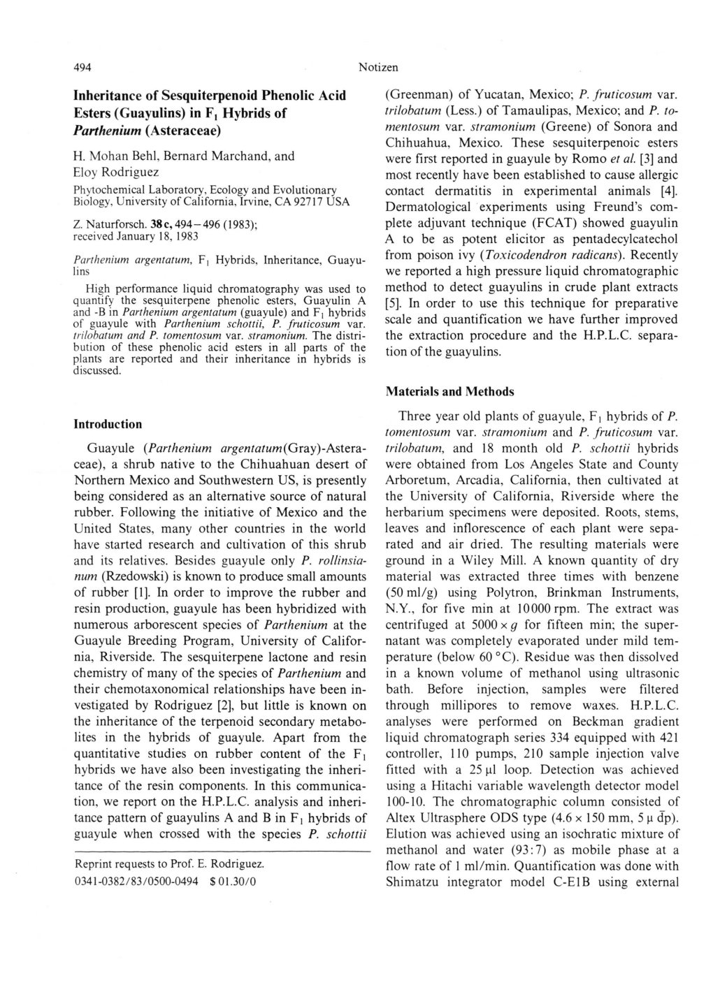 Inheritance of Sesquiterpenoid Phenolic Acid Esters (Guayulins) In