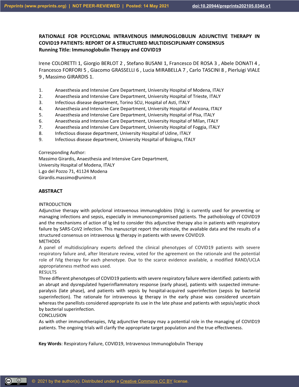 REPORT of a STRUCTURED MULTIDISCIPLINARY CONSENSUS Running Title: Immunoglobulin Therapy and COVID19