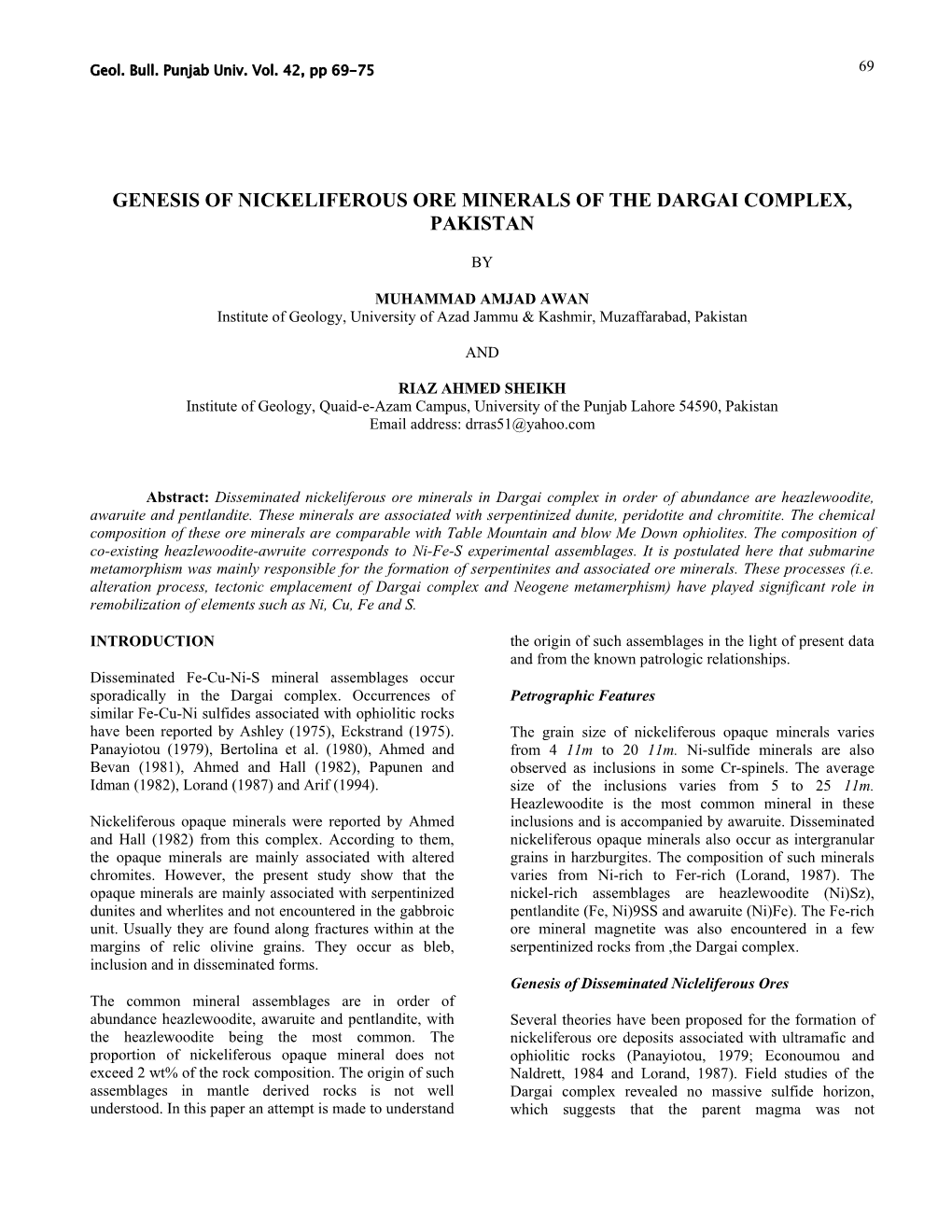 Genesis of Nickeliferous Ore Minerals of the Dargai Complex, Pakistan