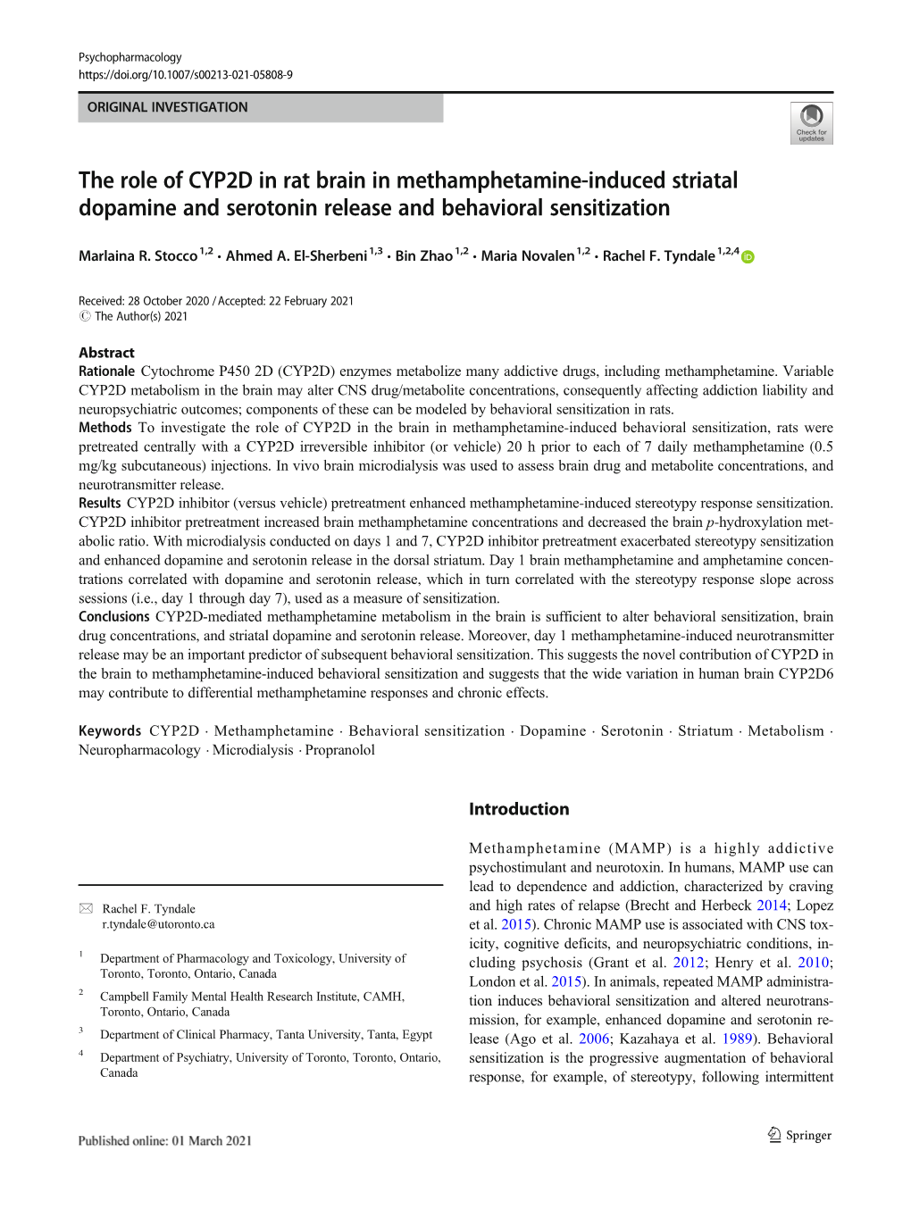 The Role of CYP2D in Rat Brain in Methamphetamine-Induced Striatal Dopamine and Serotonin Release and Behavioral Sensitization