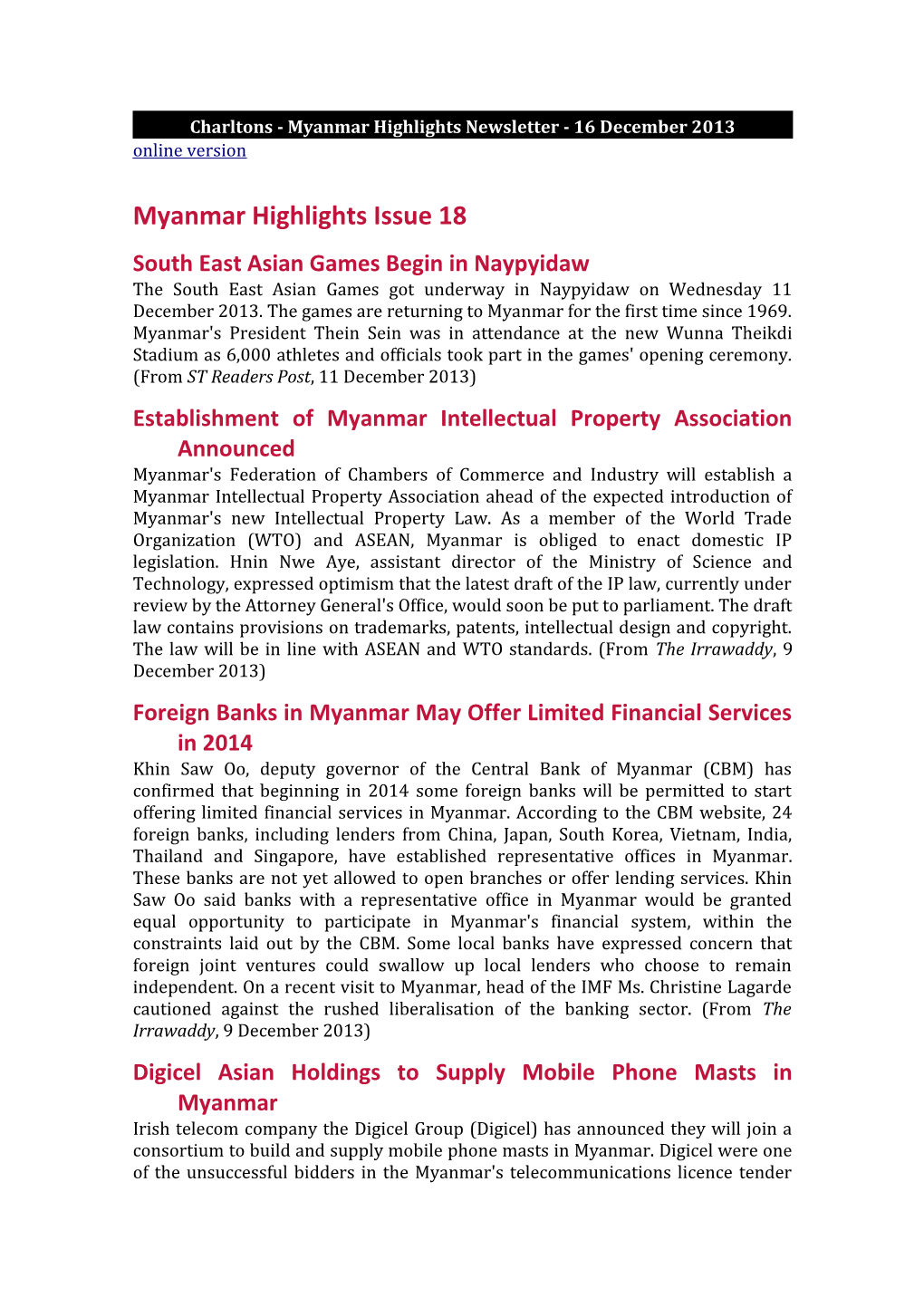 Charltons - Myanmar Highlights Newsletter - 16 December 2013