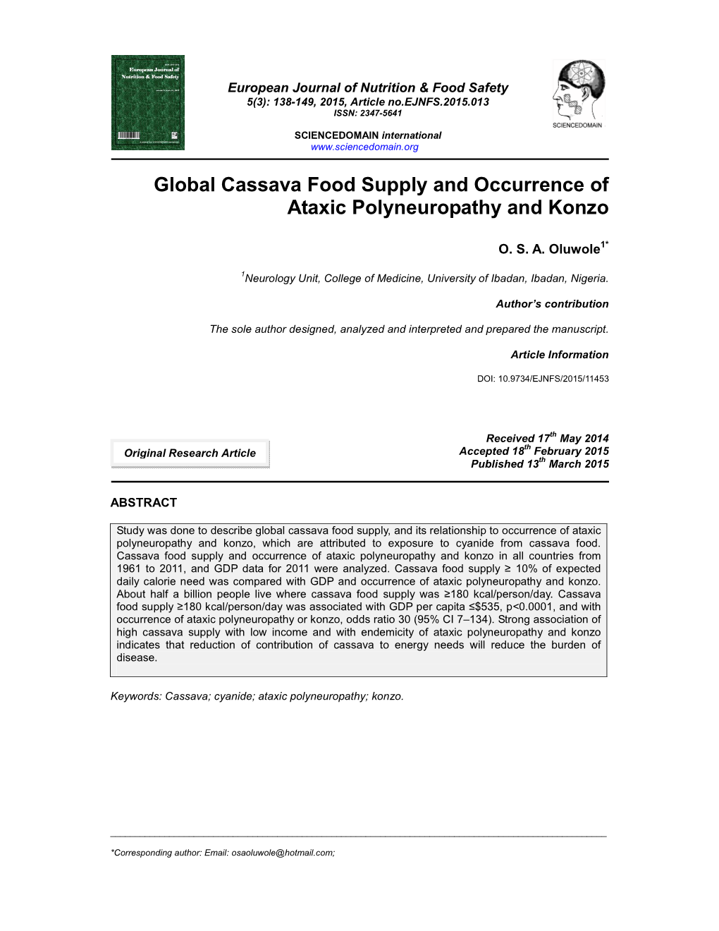 Global Cassava Food Supply and Occurrence of Ataxic Polyneuropathy and Konzo