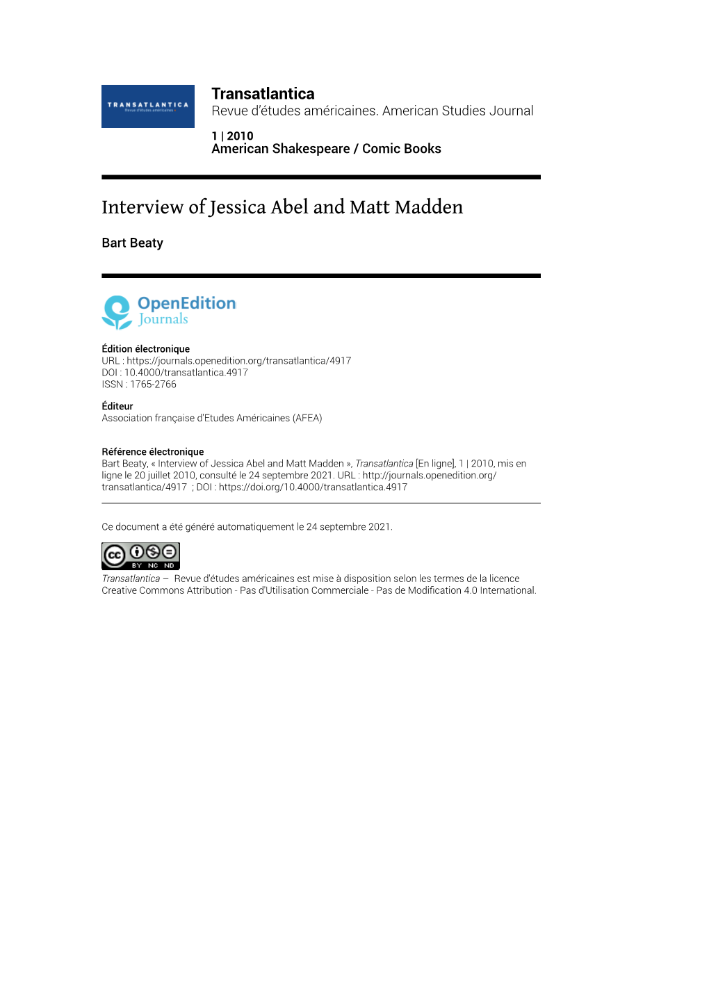 Transatlantica, 1 | 2010 Interview of Jessica Abel and Matt Madden 2