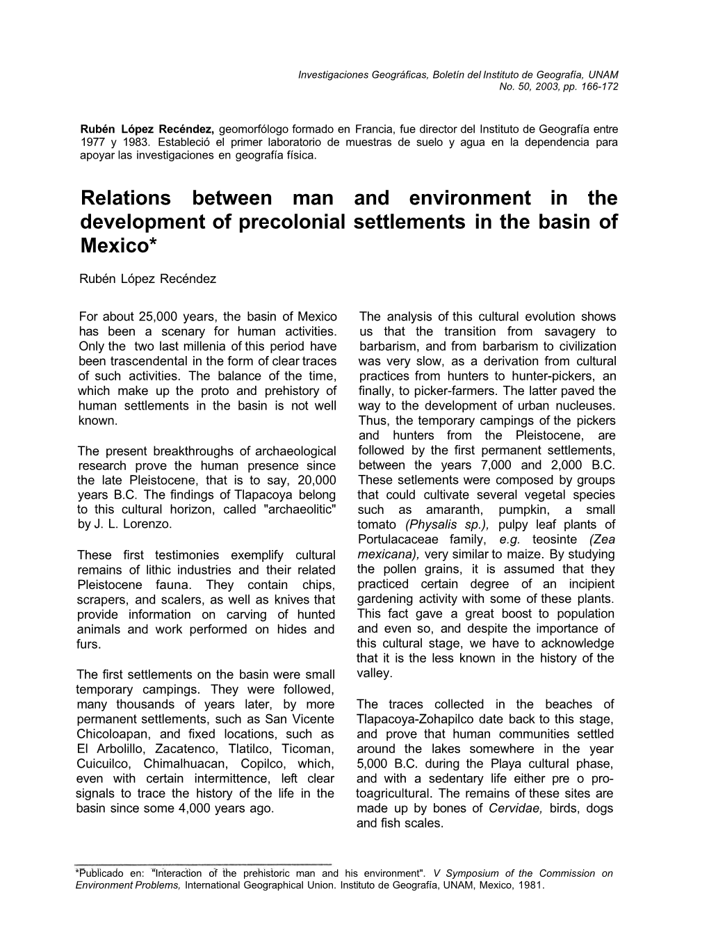 Relations Between Man and Environment in the Development of Precolonial Settlements in the Basin of Mexico*