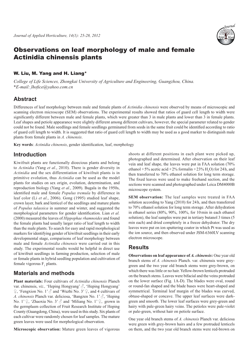 Observations on Leaf Morphology of Male and Female Actinidia Chinensis Plants