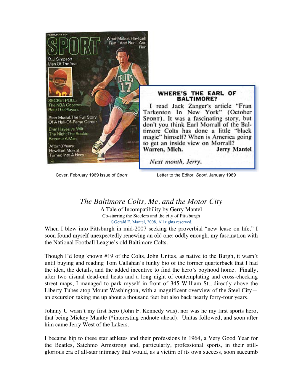 The Baltimore Colts, Me, and the Motor City a Tale of Incompatibility by Gerry Mantel Co-Starring the Steelers and the City of Pittsburgh