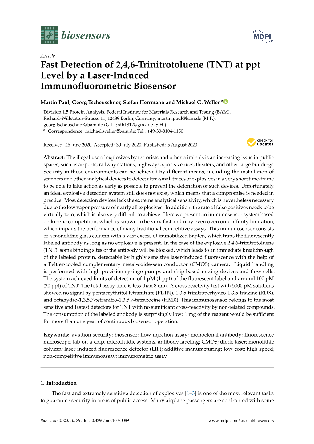 TNT) at Ppt Level by a Laser-Induced Immunoﬂuorometric Biosensor