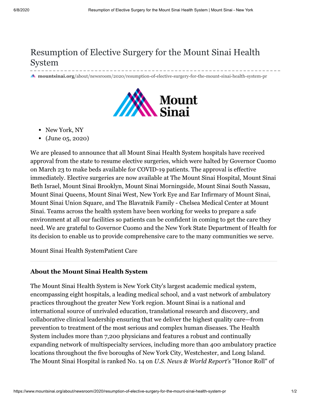 Resumption of Elective Surgery for the Mount Sinai Health System | Mount Sinai - New York