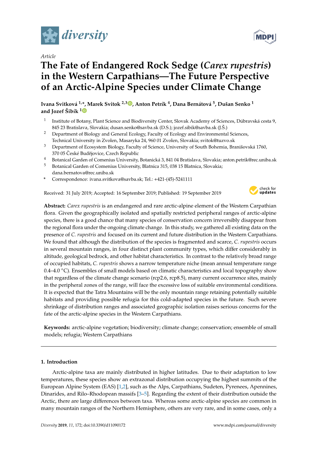 Carex Rupestris) in the Western Carpathians—The Future Perspective of an Arctic-Alpine Species Under Climate Change