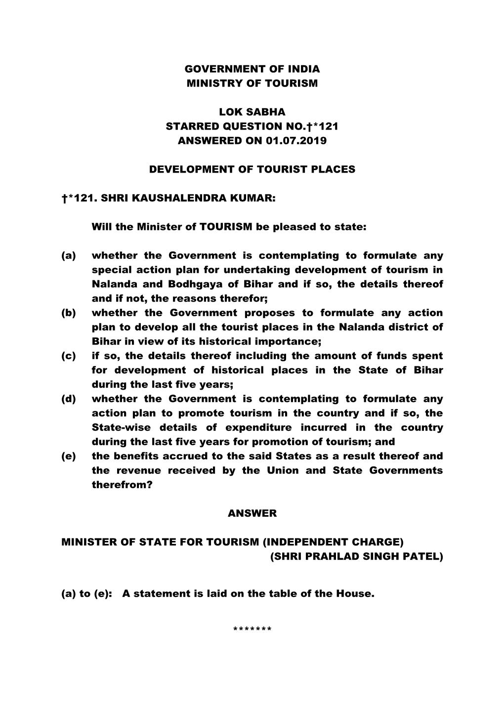 Government of India Ministry of Tourism Lok Sabha