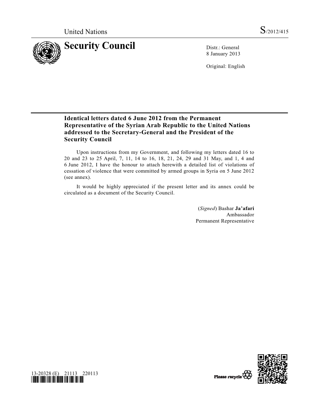 Security Council Distr.: General 8 January 2013