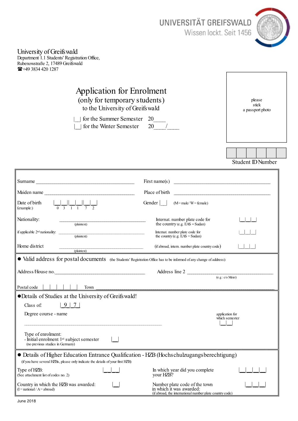 Application for Enrolment (Temporary Students)