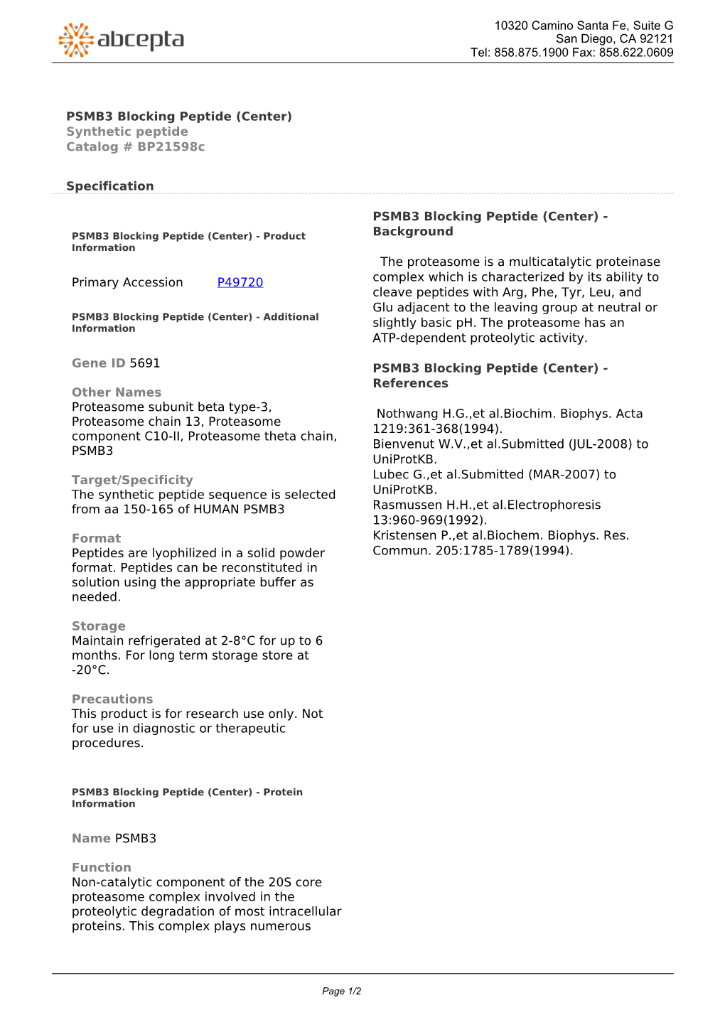 PSMB3 Blocking Peptide (Center) Synthetic Peptide Catalog # Bp21598c