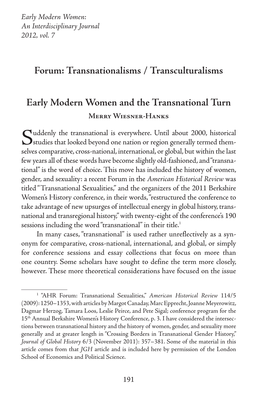 Forum: Transnationalisms / Transculturalisms Early Modern Women and the Transnational Turn