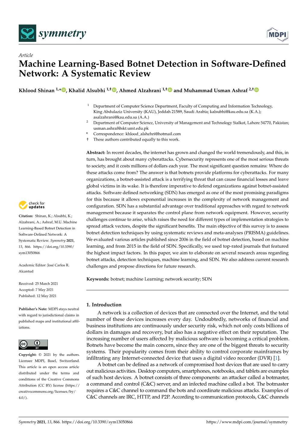 Machine Learning-Based Botnet Detection in Software-Deﬁned Network: a Systematic Review