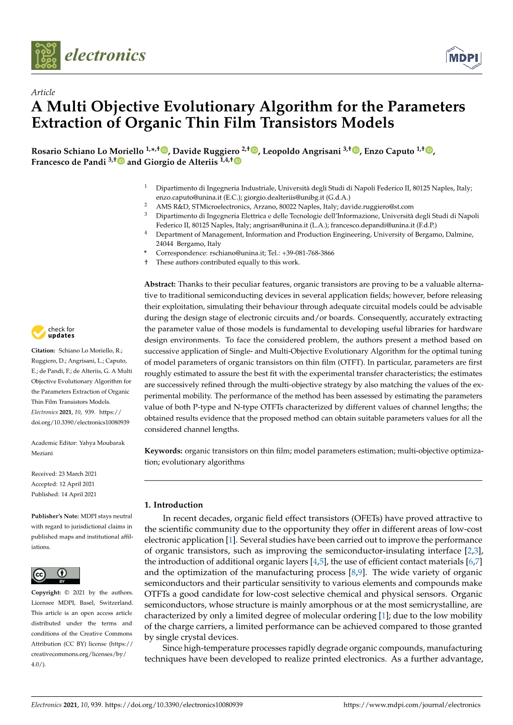 A Multi Objective Evolutionary Algorithm for the Parameters Extraction of Organic Thin Film Transistors Models