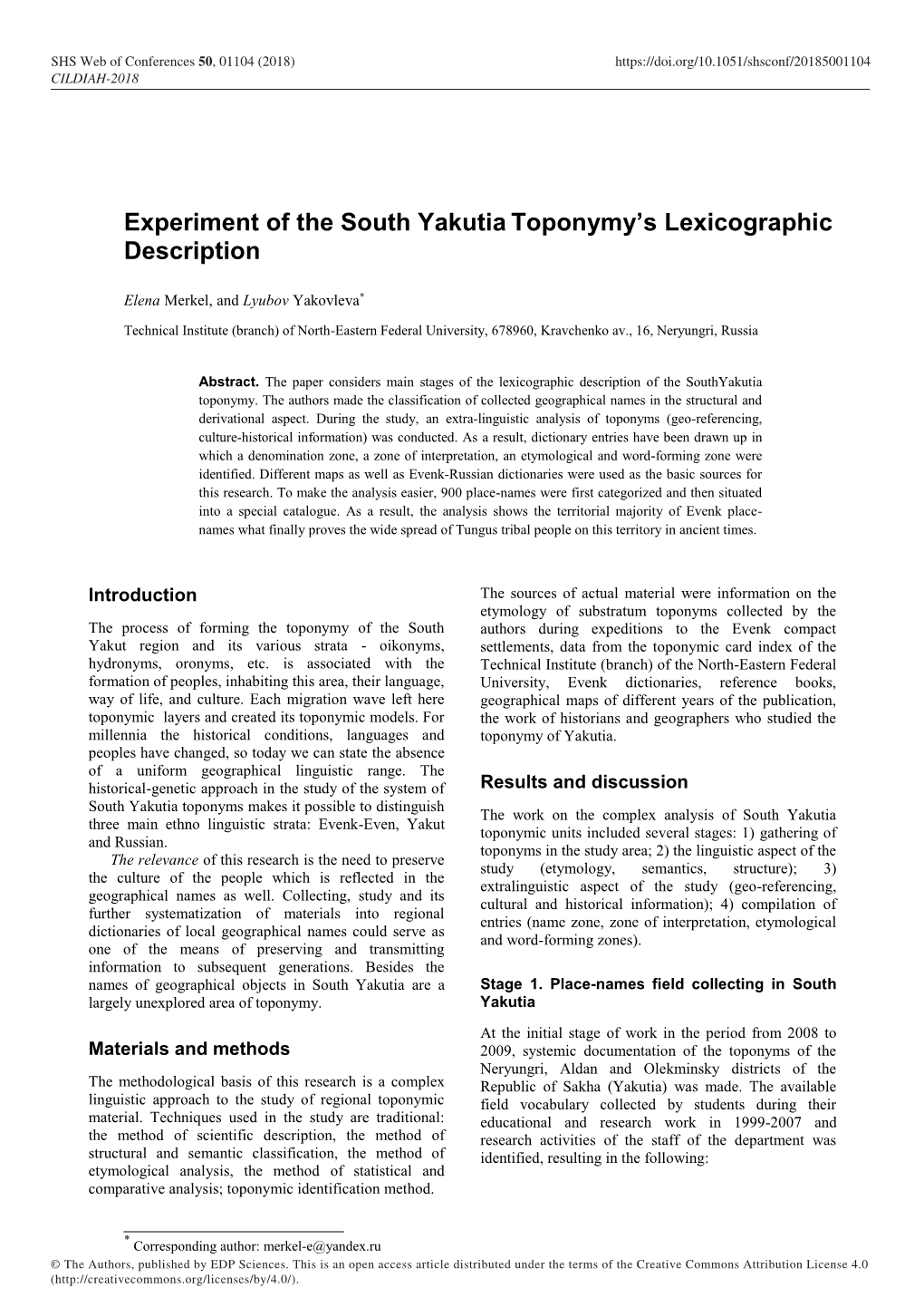 Experiment of the South Yakutia Toponymy's Lexicographic Description