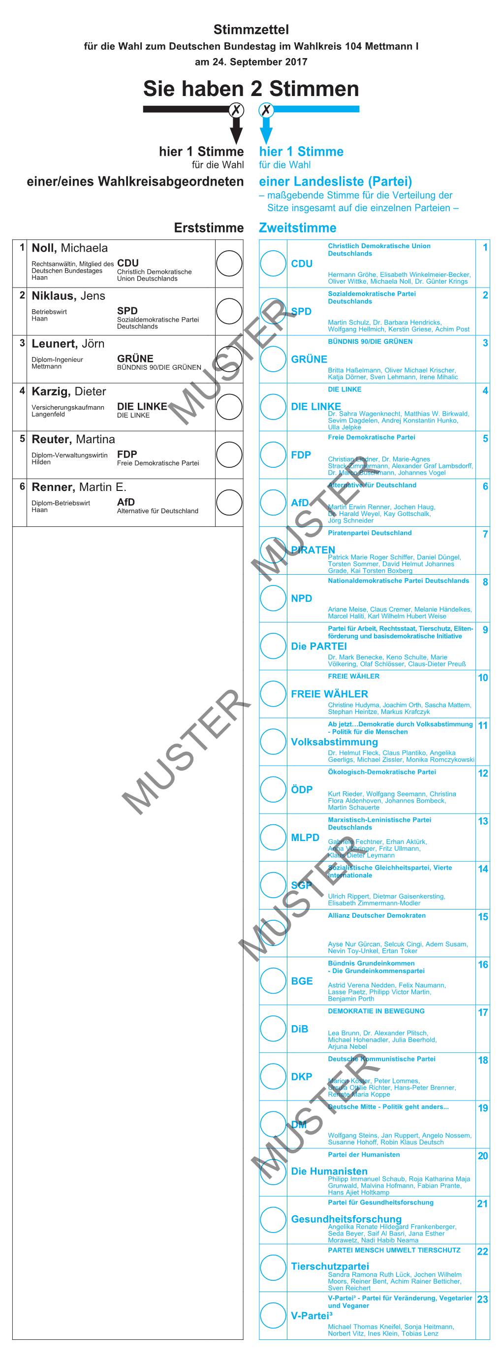 Stimmzettel Für Die Wahl Zum Deutschen Bundestag Im Wahlkreis 104 Mettmann I Am 24
