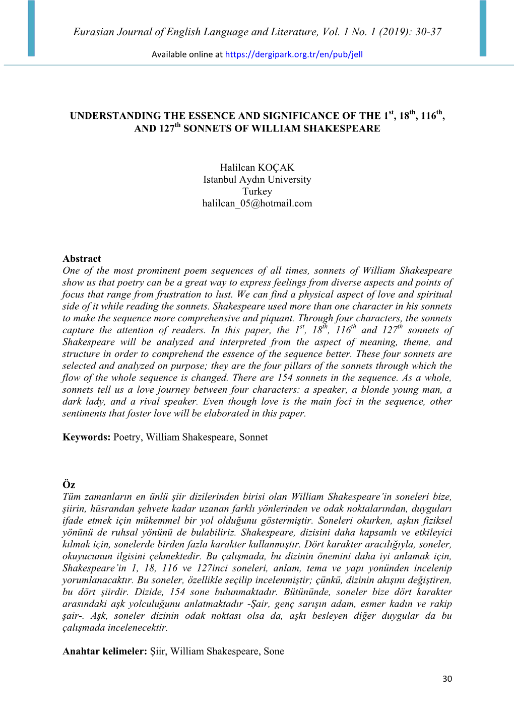 Eurasian Journal of English Language and Literature, Vol. 1 No. 1 (2019): 30-37