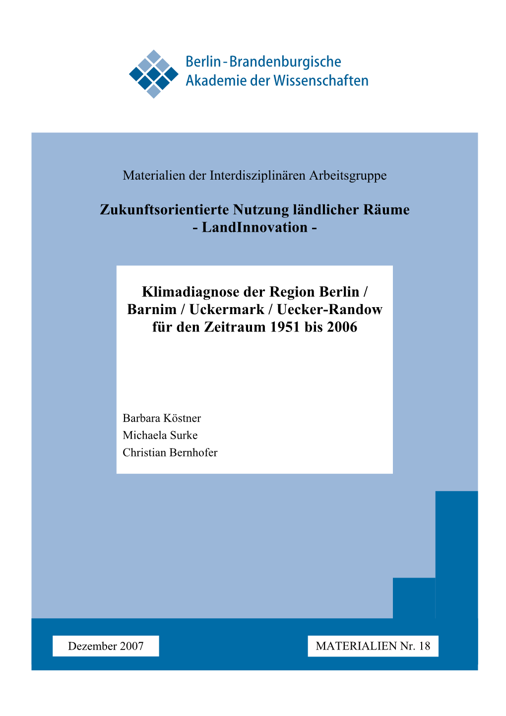 Klimadiagnose Der Region Berlin / Barnim / Uckermark / Uecker-Randow Für Den Zeitraum 1951 Bis 2006