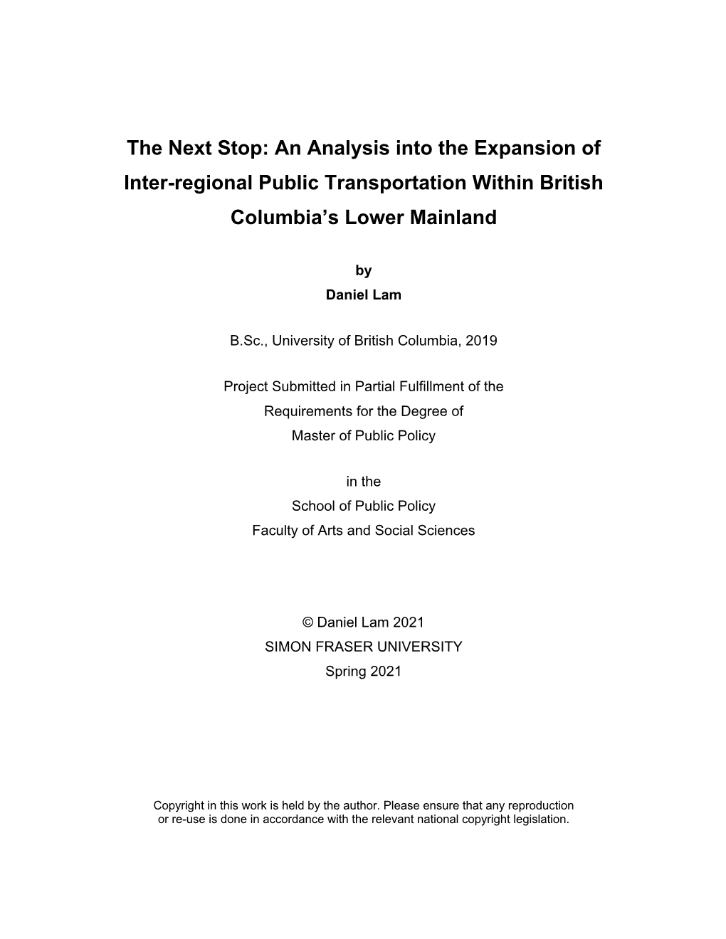 An Analysis Into the Expansion of Inter-Regional Public Transportation Within British Columbia’S Lower Mainland