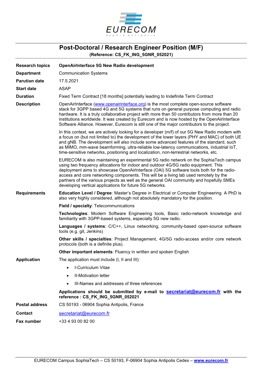 Post-Doctoral / Research Engineer Position (M/F) (Reference: CS FK ING 5GNR 052021)