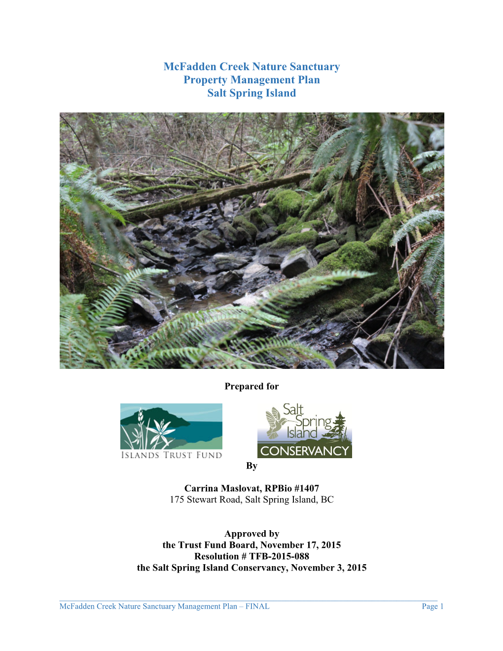 Mcfadden Creek Nature Sanctuary Property Management Plan Salt Spring Island