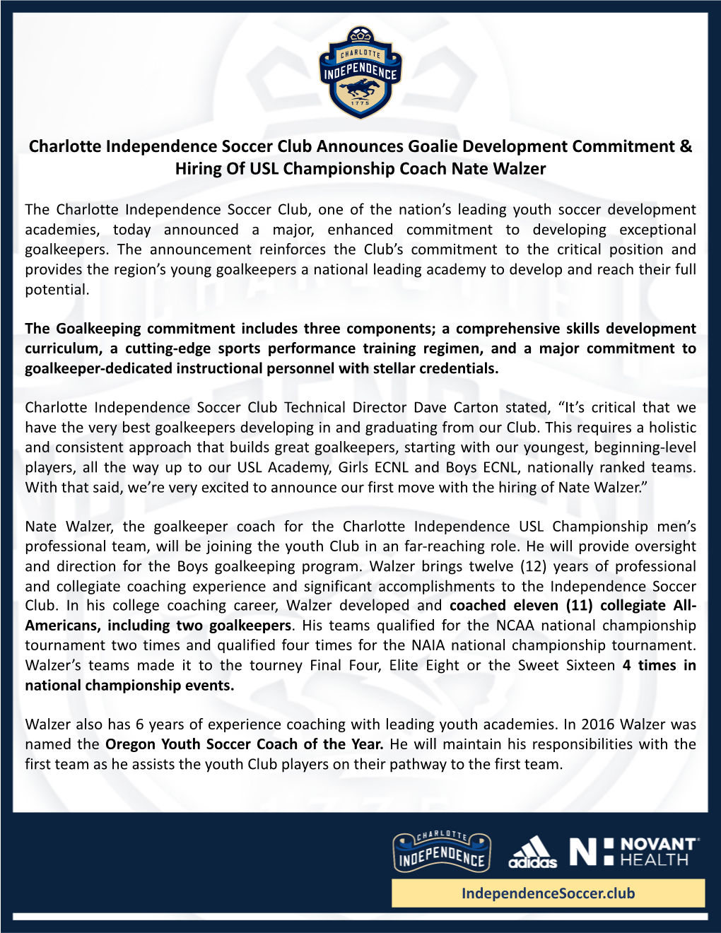 Charlotte Independence Soccer Club Announces Goalie Development Commitment & Hiring of USL Championship Coach Nate Walzer