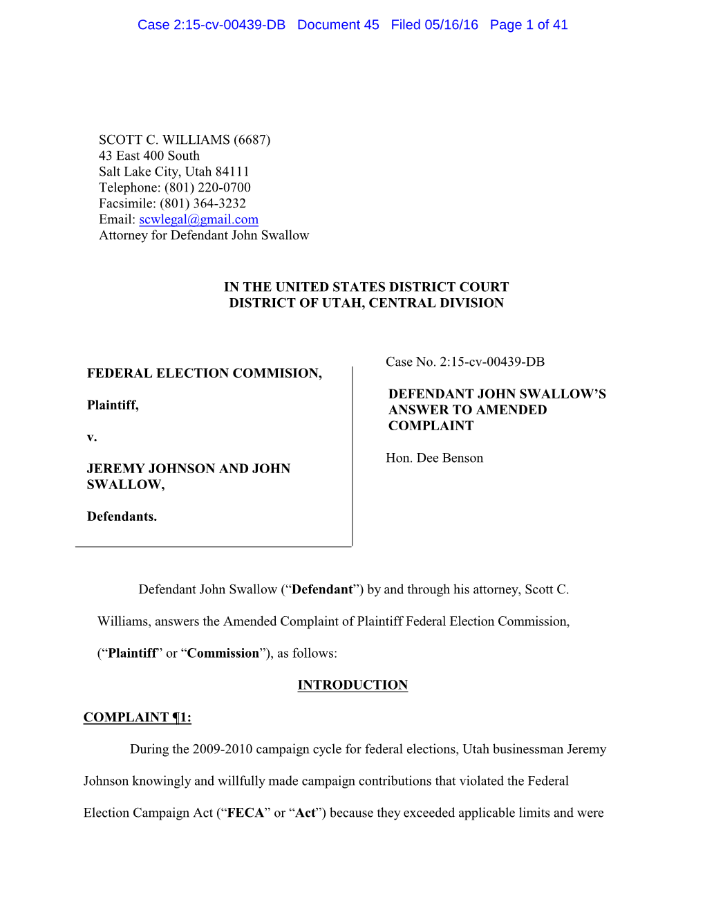 Defendant John Swallow's Answer to Amended Complaint