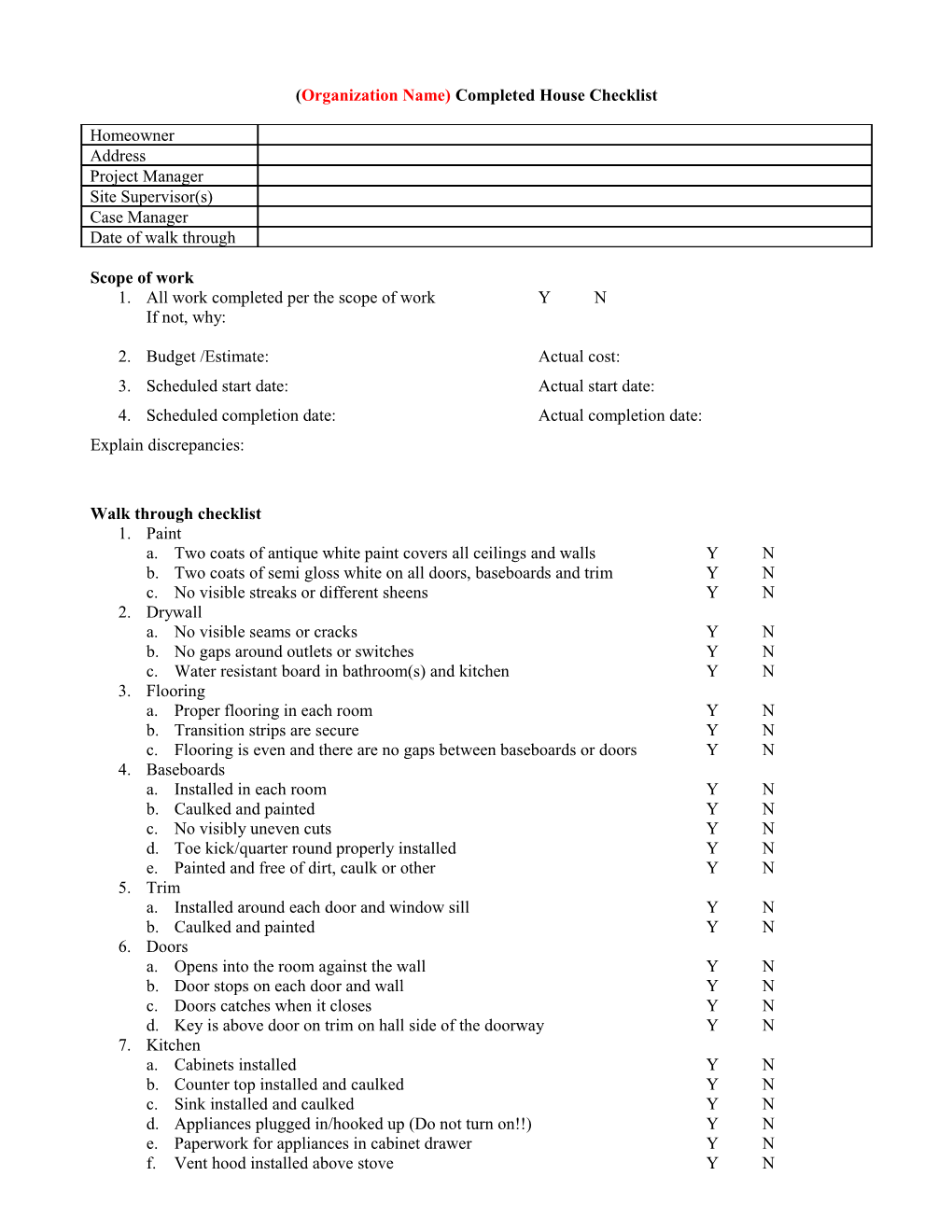 Completed House Checklist