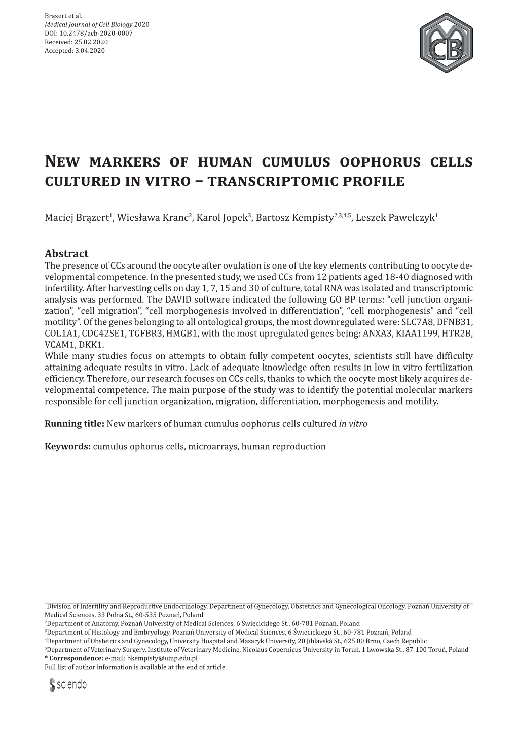 New Markers of Human Cumulus Oophorus Cells Cultured in Vitro – Transcriptomic Profile