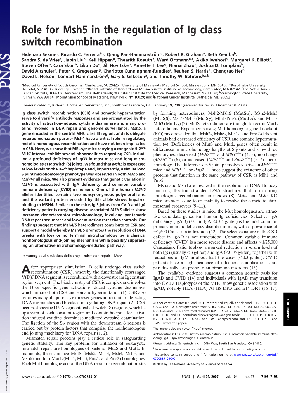 Role for Msh5 in the Regulation of Ig Class Switch Recombination