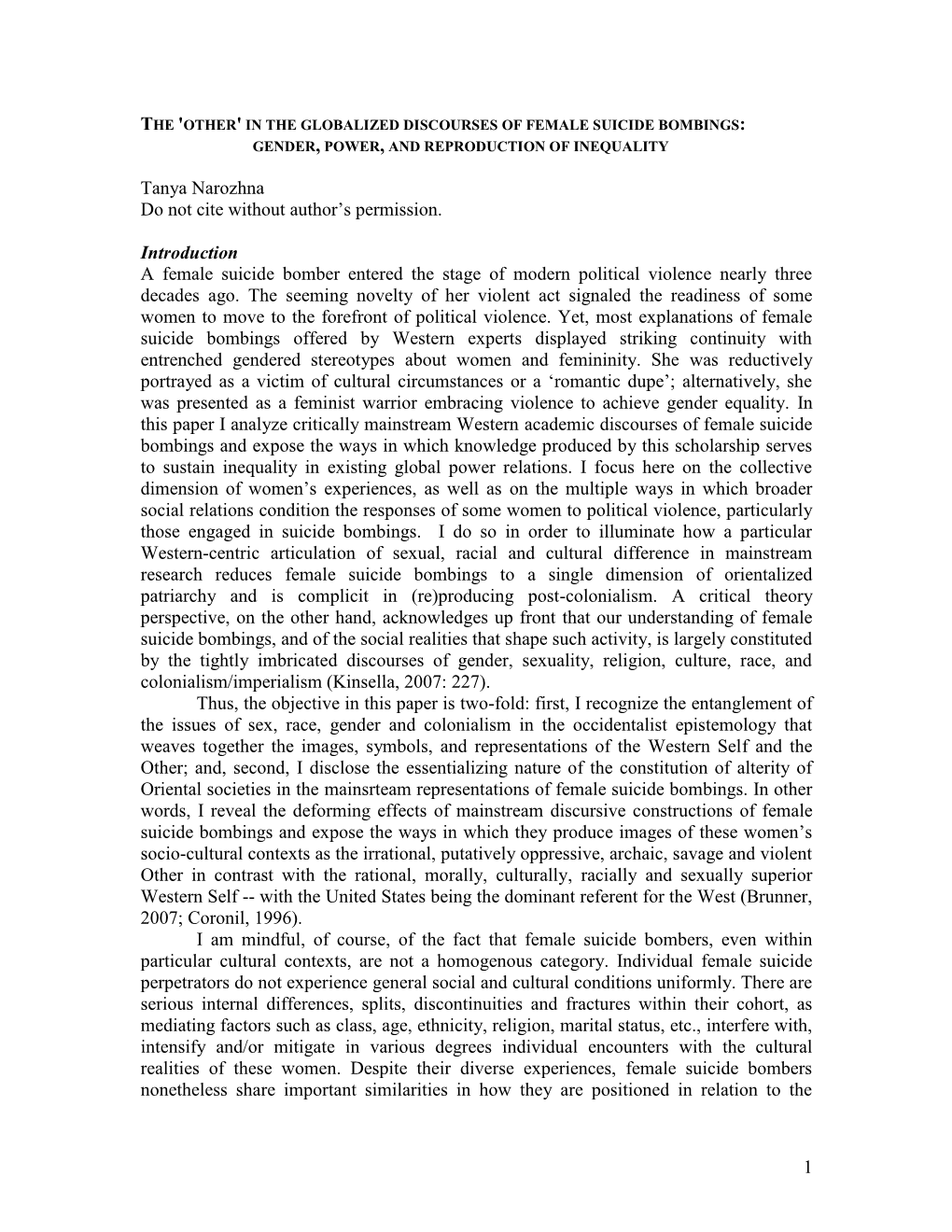 The 'Other' in the Globalized Discourses of Female Suicide Bombings: Gender, Power, and Reproduction of Inequality