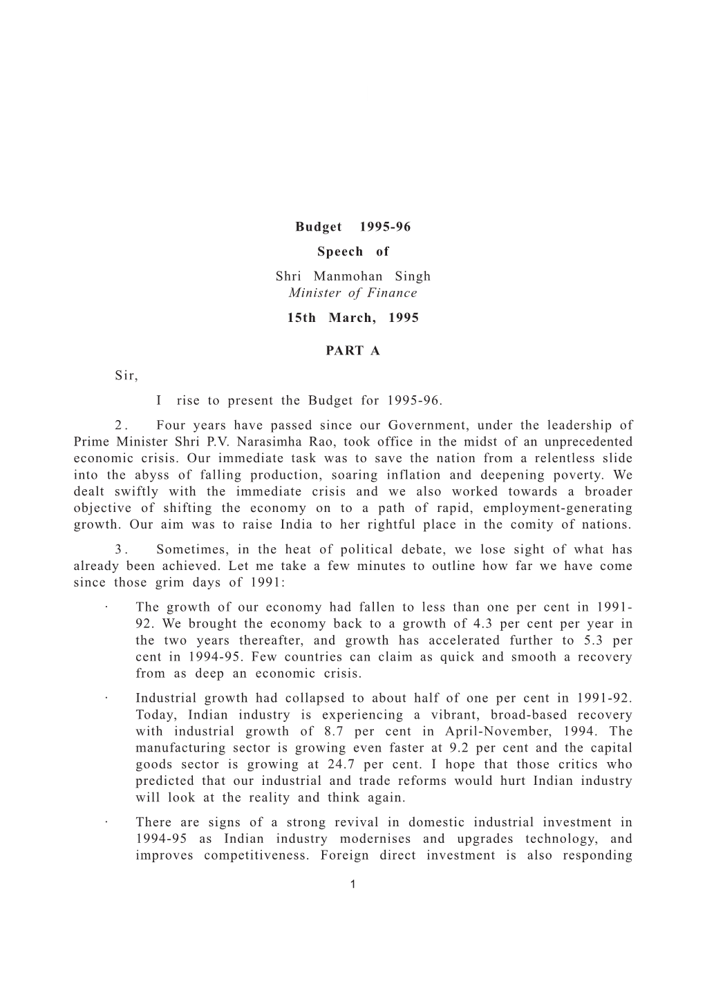 Budget 1995-96 Speech of Shri Manmohan Singh Minister of Finance 15Th March, 1995