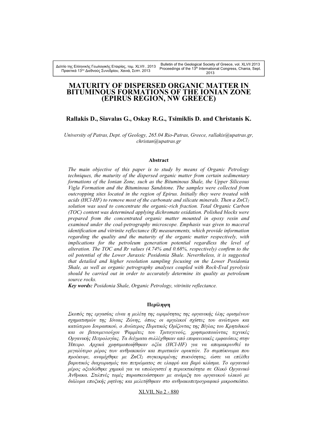 Maturity of Dispersed Organic Matter in Bituminous Formations of the Ionian Zone (Epirus Region, Nw Greece)