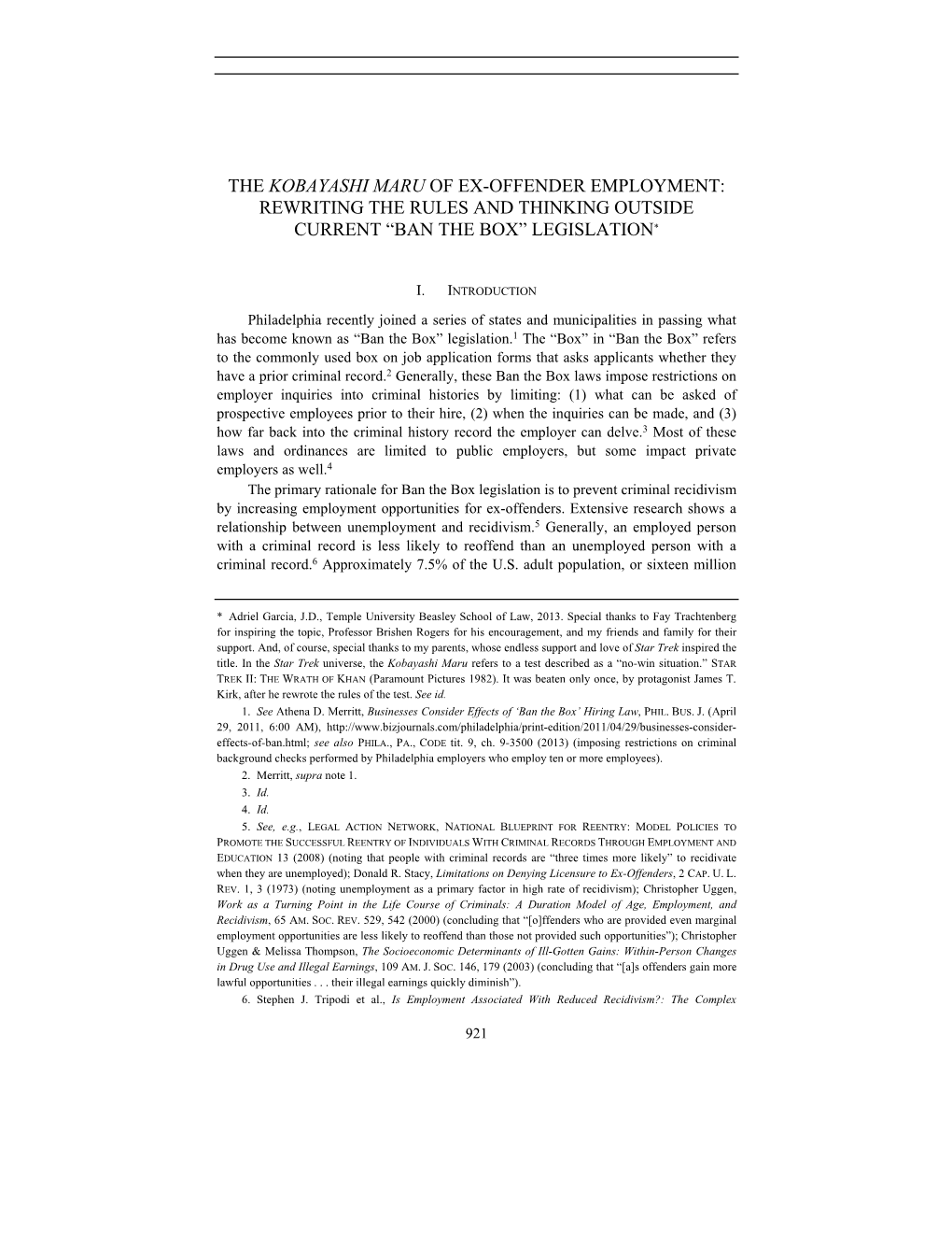 The Kobayashi Maru of Ex-Offender Employment: Rewriting the Rules and Thinking Outside Current “Ban the Box” Legislation*