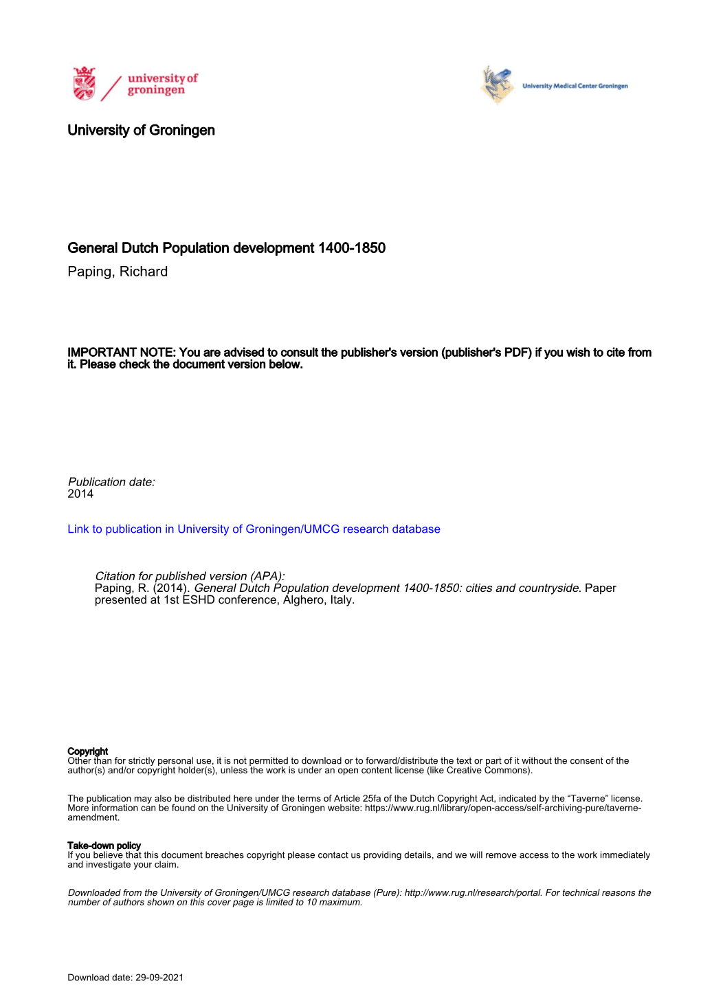 General Dutch Population Development 1400-1850 Paping, Richard