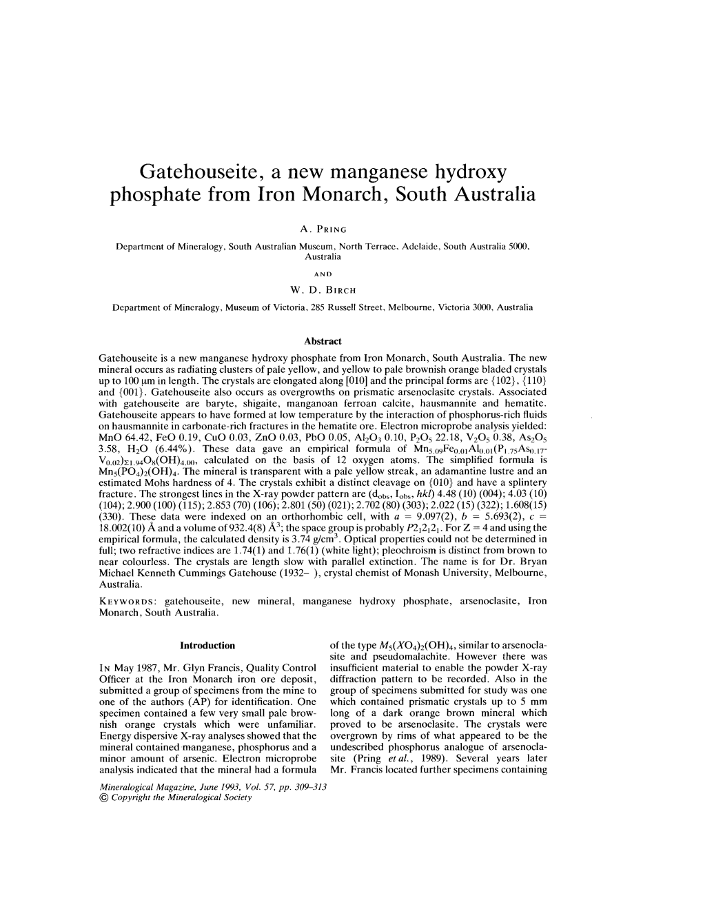 Gatehouseite, a New Manganese Hydroxy Phosphate from Iron Monarch, South Australia