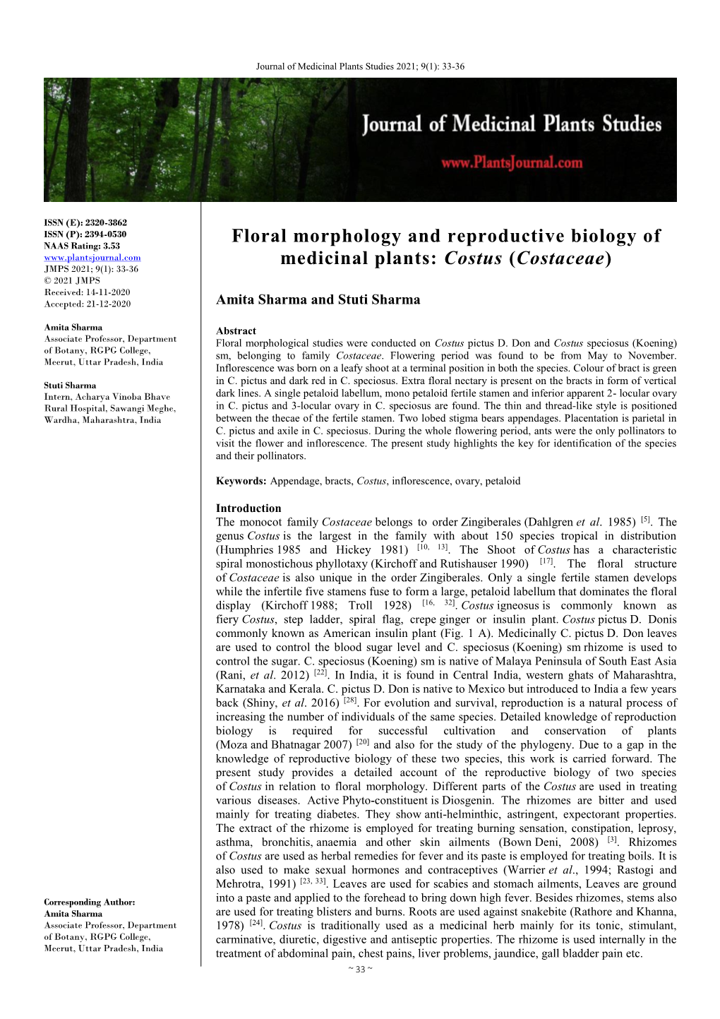 Floral Morphology and Reproductive Biology of Medicinal Plants: Costus
