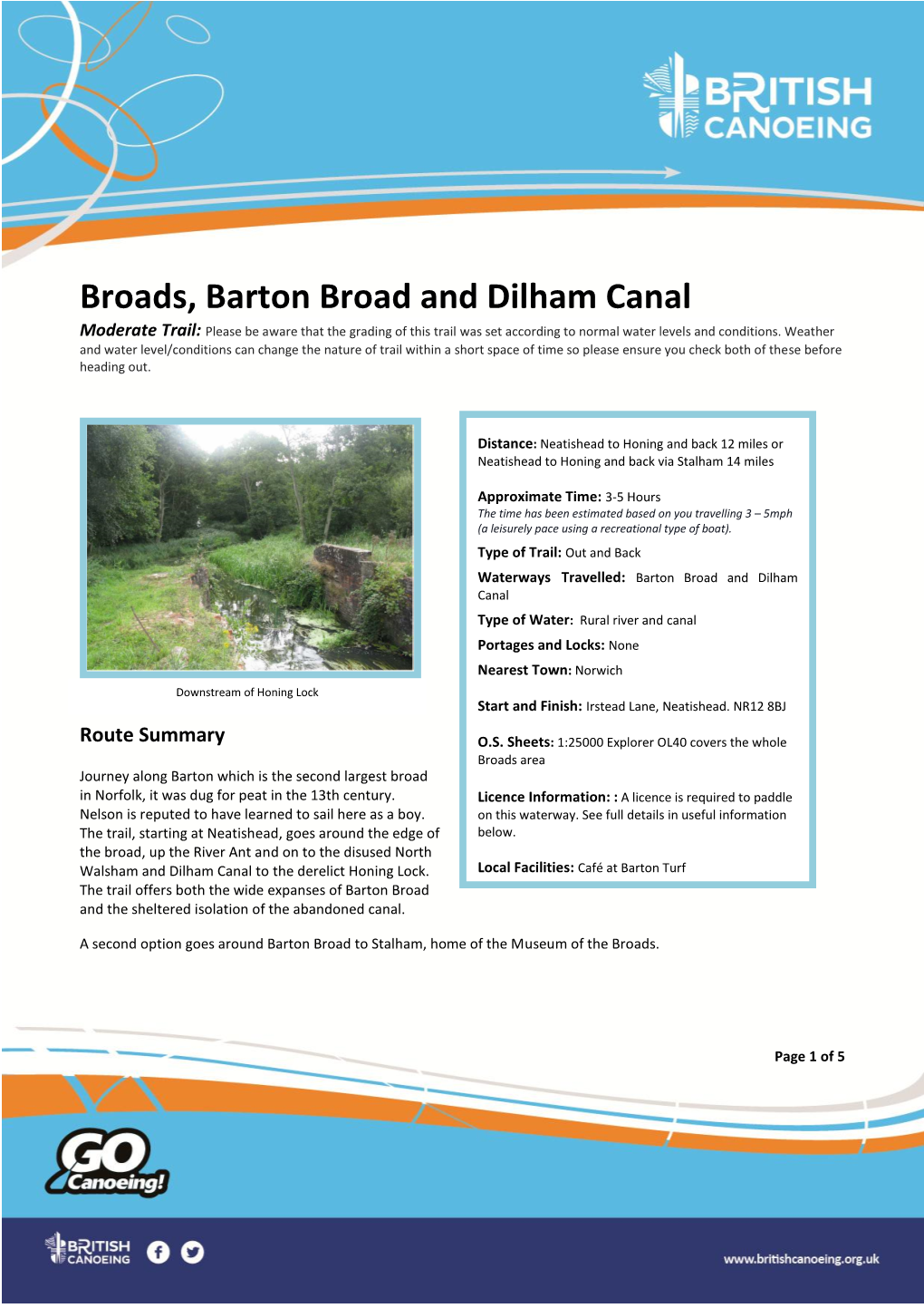 Broads, Barton Broad and Dilham Canal Moderate Trail: Please Be Aware That the Grading of This Trail Was Set According to Normal Water Levels and Conditions