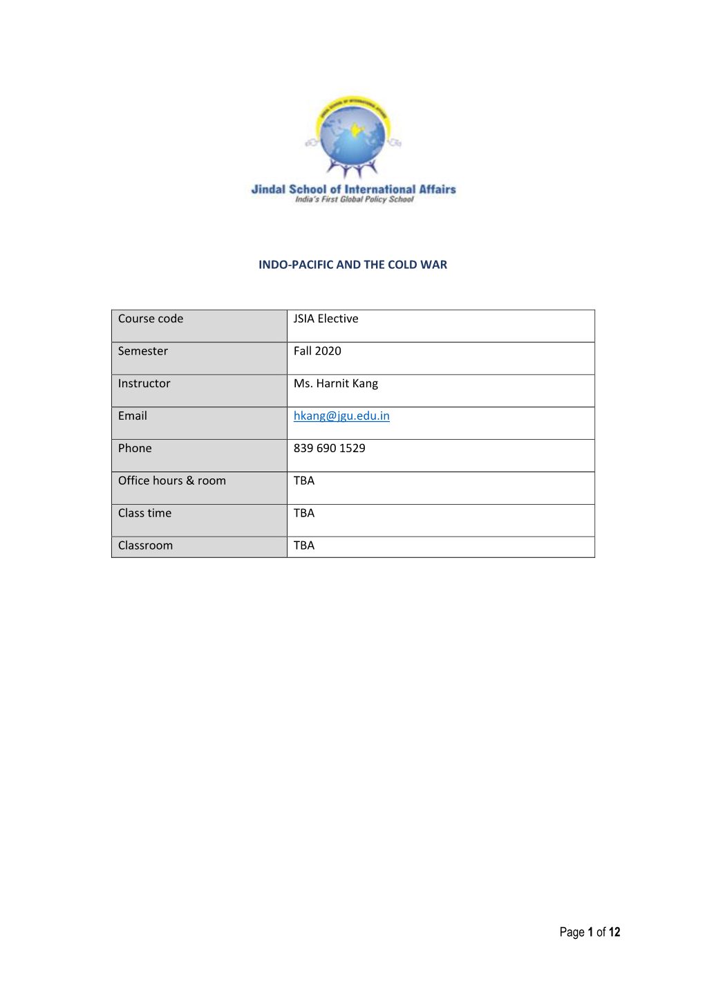 Page 1 of 12 INDO-PACIFIC and the COLD WAR Course Code JSIA