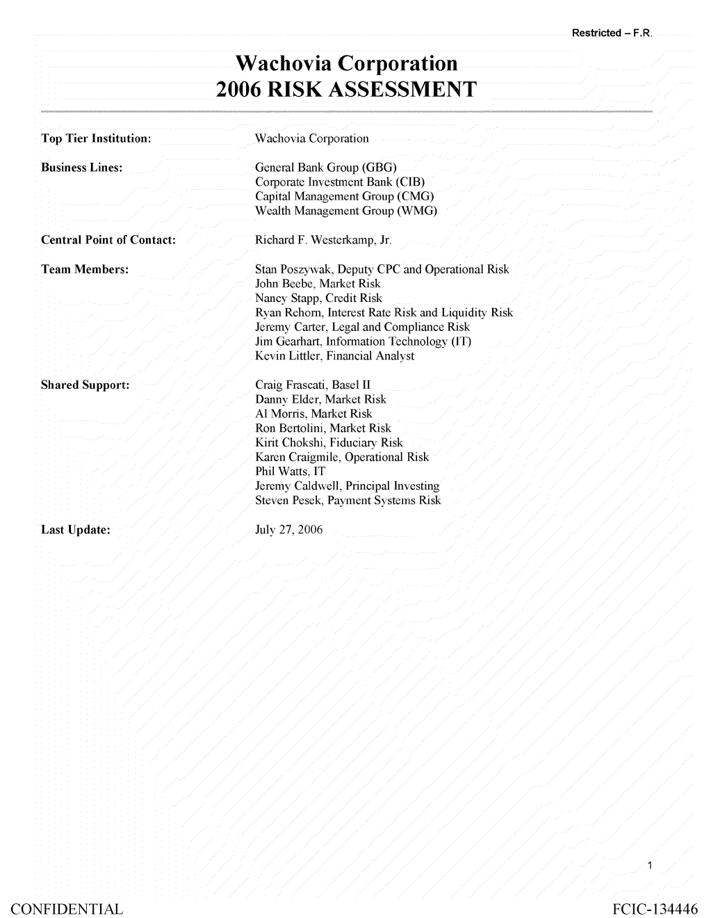 Wachovia Corporation 2006 RISK ASSESSMENT