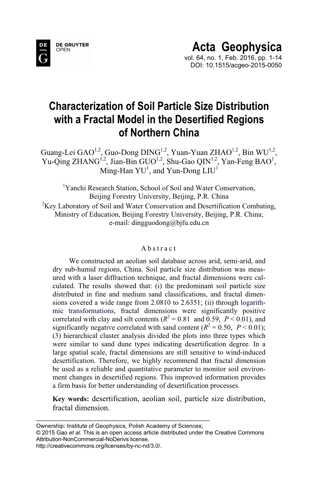 Characterization of Soil Particle Size Distribution with a Fractal Model in the Desertified Regions of Northern China